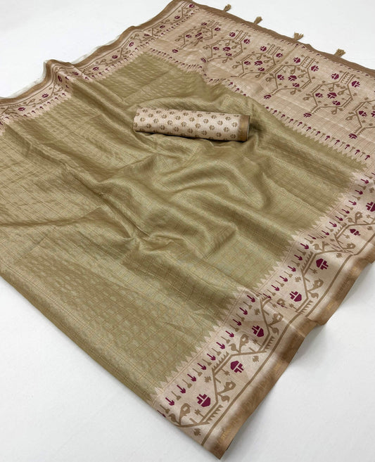 Divine Beige Printed Tussar Silk Saree With Rhapsody Blouse Piece