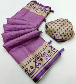 Improbable Lavender Printed Tussar Silk Saree With Gleaming Blouse Piece