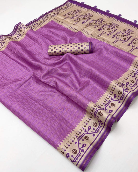 Improbable Lavender Printed Tussar Silk Saree With Gleaming Blouse Piece