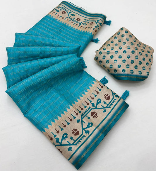 Imbrication Firozi Printed Tussar Silk Saree With Prodigal Blouse Piece