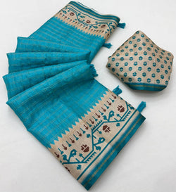 Imbrication Firozi Printed Tussar Silk Saree With Prodigal Blouse Piece