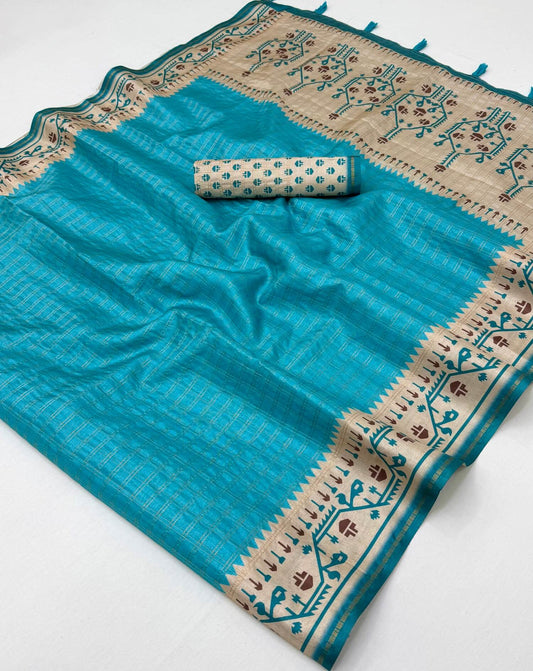 Imbrication Firozi Printed Tussar Silk Saree With Prodigal Blouse Piece