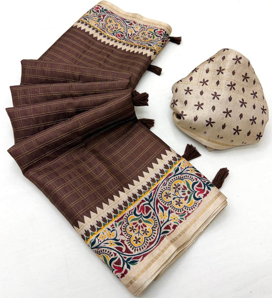 Embellished Brown Printed Tussar Silk Saree With Entrancing Blouse Piece