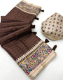 Embellished Brown Printed Tussar Silk Saree With Entrancing Blouse Piece