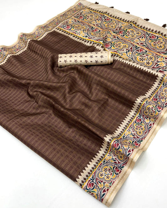 Embellished Brown Printed Tussar Silk Saree With Entrancing Blouse Piece