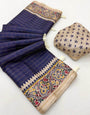 Evanescent Navy Blue Printed Tussar Silk Saree With Classic Blouse Piece