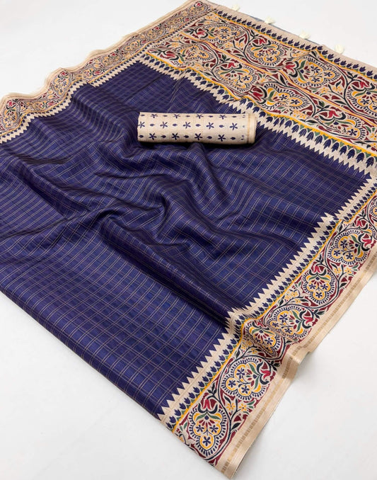 Evanescent Navy Blue Printed Tussar Silk Saree With Classic Blouse Piece