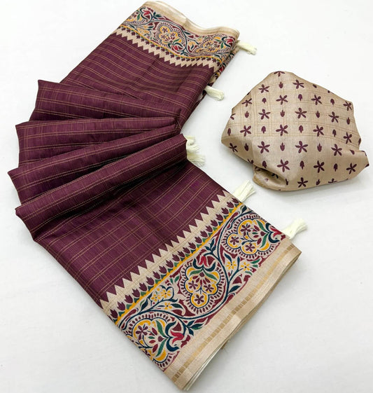 Grandiose Wine Printed Tussar Silk Saree With Innovative Blouse Piece
