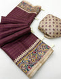 Grandiose Wine Printed Tussar Silk Saree With Innovative Blouse Piece