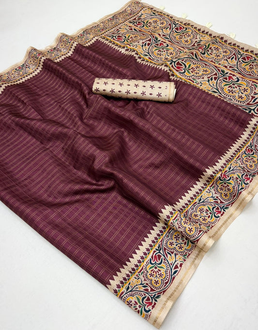 Grandiose Wine Printed Tussar Silk Saree With Innovative Blouse Piece