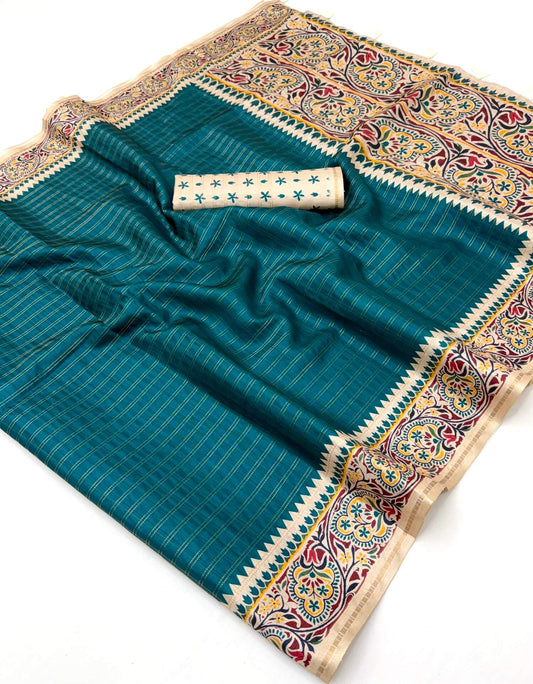 Quixotic Rama Printed Tussar Silk Saree With Invaluable Blouse Piece