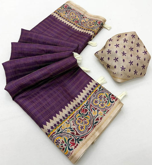Girlish Purple Printed Tussar Silk Saree With Hypnotic Blouse Piece