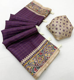 Girlish Purple Printed Tussar Silk Saree With Hypnotic Blouse Piece