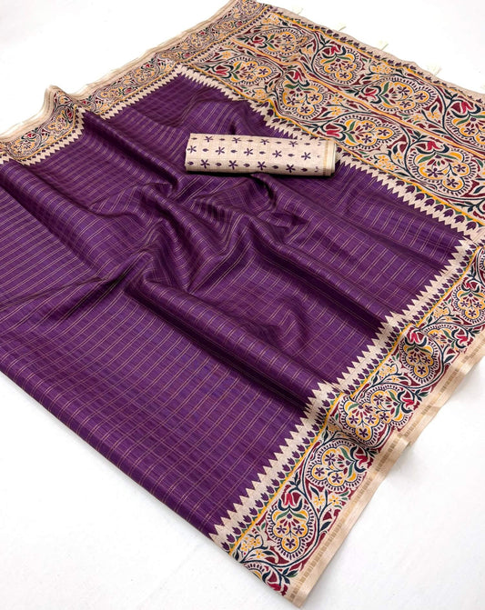 Girlish Purple Printed Tussar Silk Saree With Hypnotic Blouse Piece