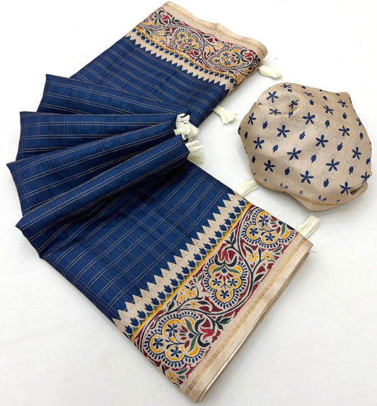 Diaphanous Blue Printed Tussar Silk Saree With Lovely Blouse Piece