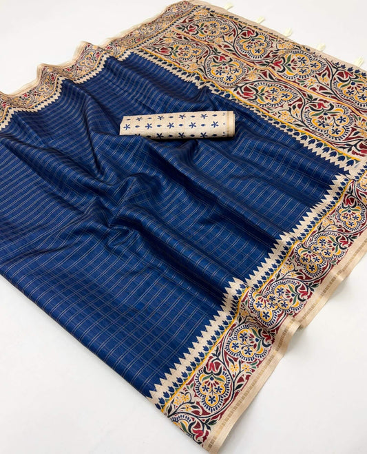 Diaphanous Blue Printed Tussar Silk Saree With Lovely Blouse Piece