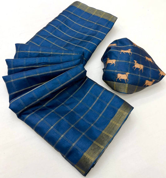 Beguiling Blue Printed Tussar Silk Saree With Unique Blouse Piece