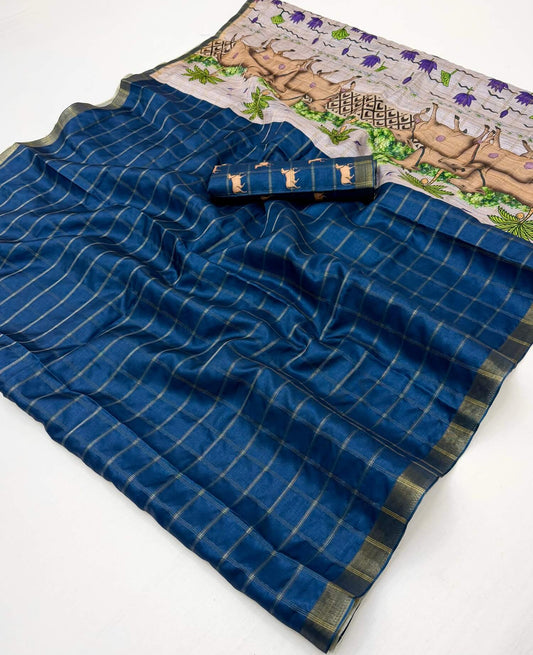Beguiling Blue Printed Tussar Silk Saree With Unique Blouse Piece
