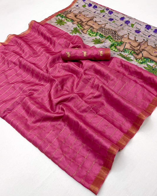 Admirable Pink Printed Tussar Silk Saree With Flamboyant Blouse Piece