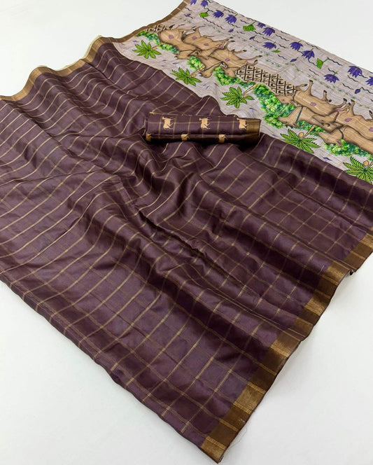 Capricious Wine Printed Tussar Silk Saree With Seraphic Blouse Piece