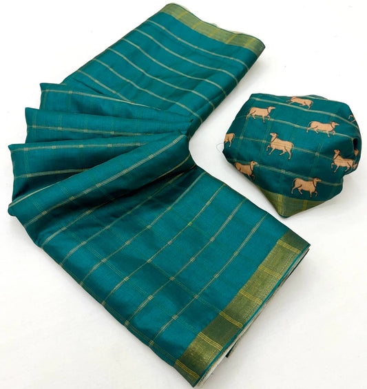 Ailurophile Rama Printed Tussar Silk Saree With Angelic Blouse Piece