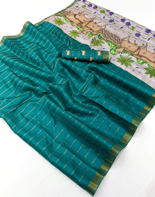 Ailurophile Rama Printed Tussar Silk Saree With Angelic Blouse Piece