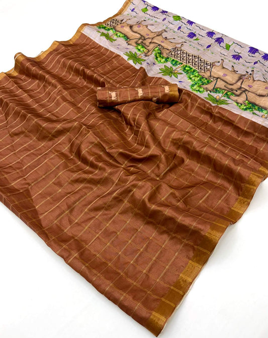 Cynosure Brown Printed Tussar Silk Saree With Unequalled Blouse Piece