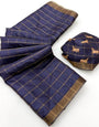 Smart Navy Blue Printed Tussar Silk Saree With Enchanting Blouse Piece