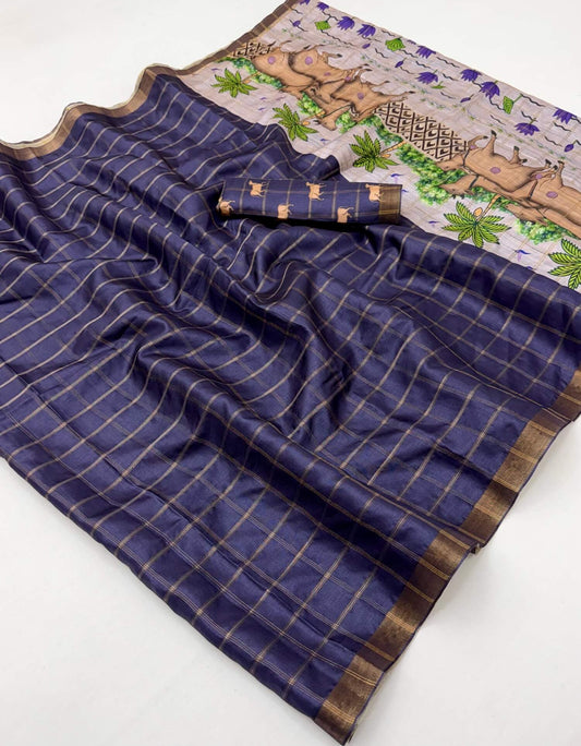 Smart Navy Blue Printed Tussar Silk Saree With Enchanting Blouse Piece