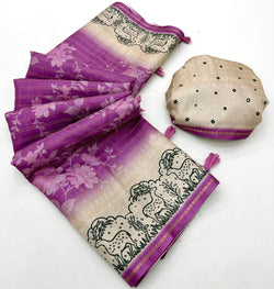 Winsome Purple Printed Tussar Silk Saree With Lustrous Blouse Piece