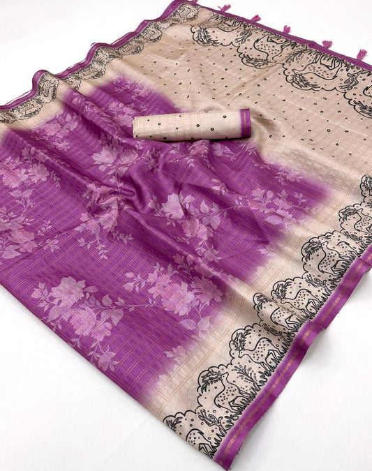 Winsome Purple Printed Tussar Silk Saree With Lustrous Blouse Piece