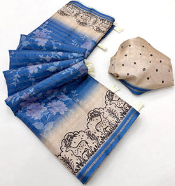 Opulent Blue Printed Tussar Silk Saree With Brood Blouse Piece