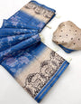 Opulent Blue Printed Tussar Silk Saree With Brood Blouse Piece