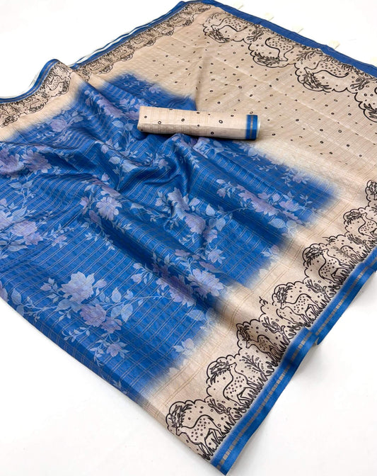 Opulent Blue Printed Tussar Silk Saree With Brood Blouse Piece