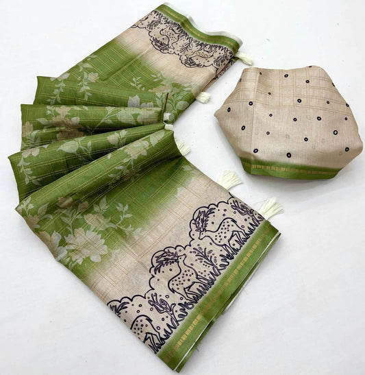 Jazzy Green Printed Tussar Silk Saree With Efflorescence Blouse Piece