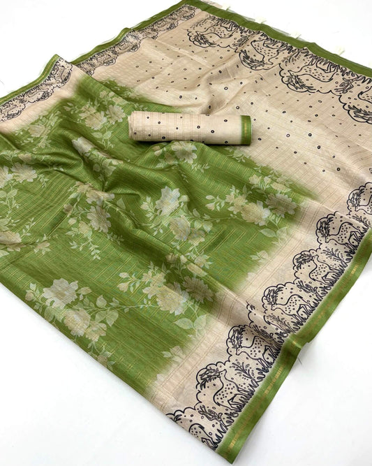 Jazzy Green Printed Tussar Silk Saree With Efflorescence Blouse Piece