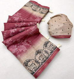 Bewitching Pink Printed Tussar Silk Saree With Outstanding Blouse Piece