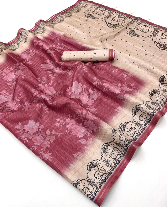 Bewitching Pink Printed Tussar Silk Saree With Outstanding Blouse Piece
