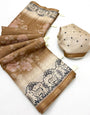 Scrupulous Brown Printed Tussar Silk Saree With Stylish Blouse Piece