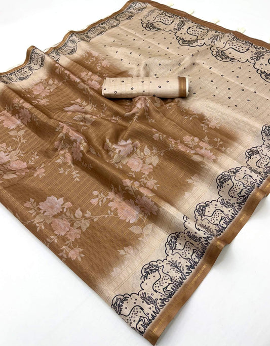 Scrupulous Brown Printed Tussar Silk Saree With Stylish Blouse Piece