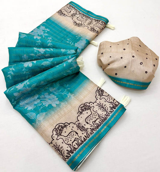 Luminous Turquoise Printed Tussar Silk Saree With Impressive Blouse Piece