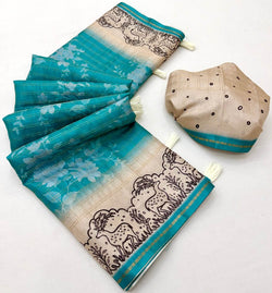 Luminous Turquoise Printed Tussar Silk Saree With Impressive Blouse Piece