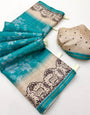 Luminous Turquoise Printed Tussar Silk Saree With Impressive Blouse Piece