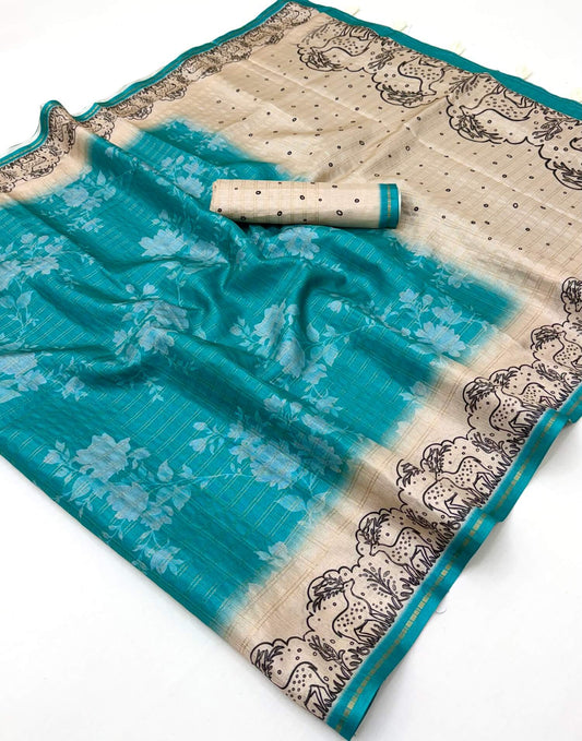 Luminous Turquoise Printed Tussar Silk Saree With Impressive Blouse Piece