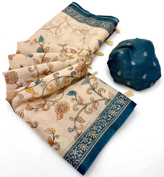 Inspiring Beige Printed Cotton Silk Saree With Symmetrical Blouse Piece