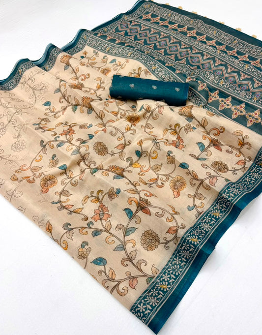 Inspiring Beige Printed Cotton Silk Saree With Symmetrical Blouse Piece