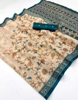 Inspiring Beige Printed Cotton Silk Saree With Symmetrical Blouse Piece