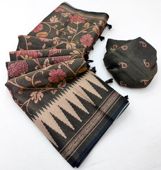 Enigmatic Black Printed Cotton Silk Saree With Vivacious Blouse Piece