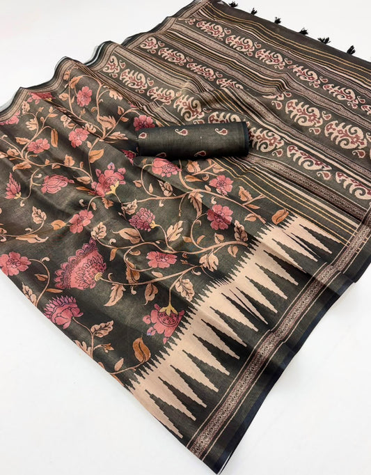 Enigmatic Black Printed Cotton Silk Saree With Vivacious Blouse Piece