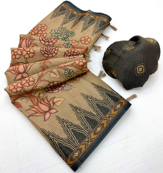 Embellished Brown Printed Cotton Silk Saree With Incredible Blouse Piece